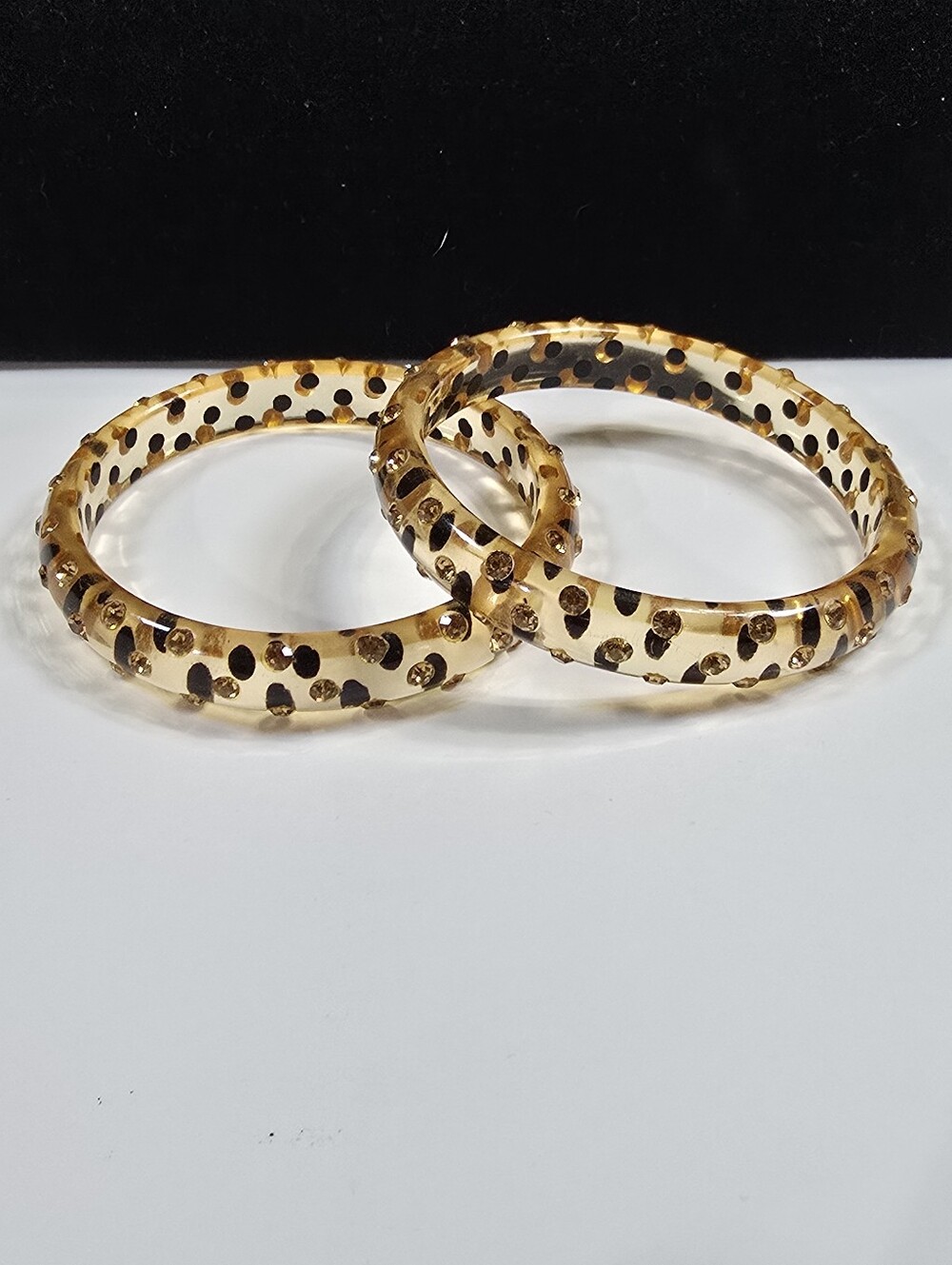 Vintage Champagne Rhinestone Studded Black Polka Dot Plastic Bangle Bracelets